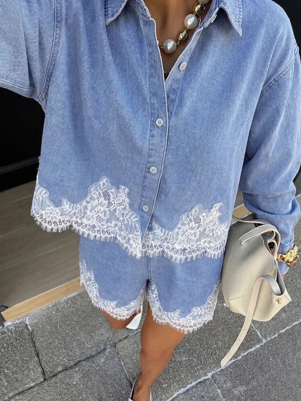 Women's Single-Breasted Long Sleeve Lace Patchwork Hem Shirt And Shor